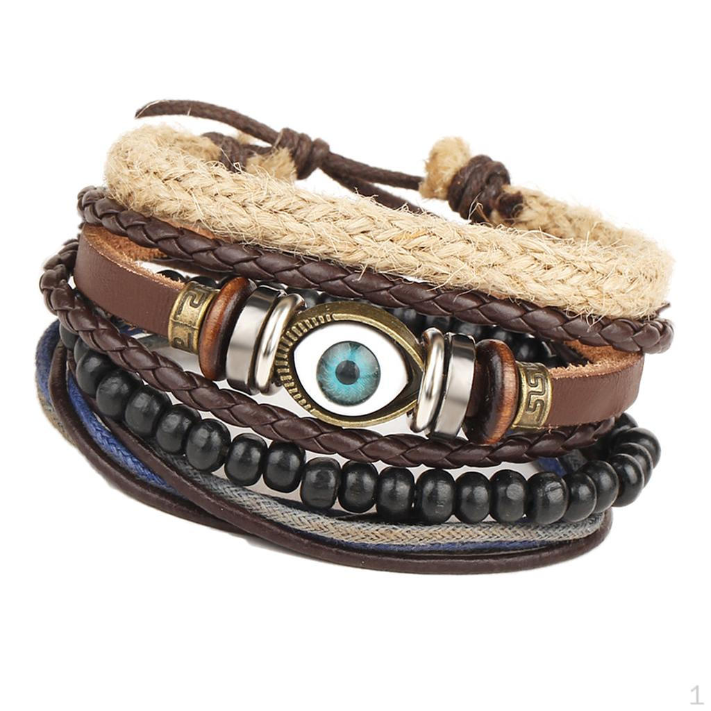 1 Set Wrap Bracelets for Men Women, String Cords Wood Beads Ethnic Tribal Bracelets, Leather (4Pcs)