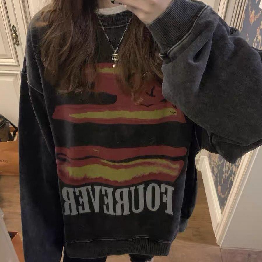Vintage Distressed Sweatshirts Fleece Women Hip Hop Streetwear O-Neck Loose Long Sleeve Print Graphic Hoodie Autumn Winter