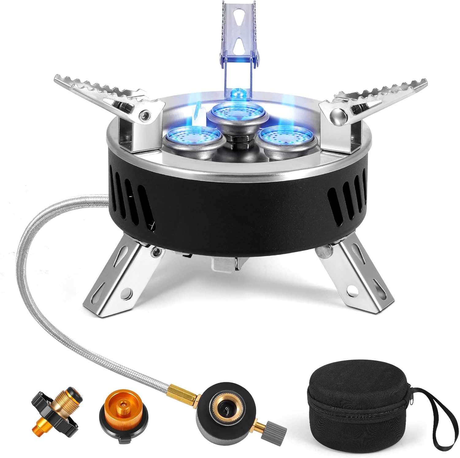 Camping Gas Stove, Portable Camping Stove Outdoor, 6800W Windproof Backpacking Gas Stove with Piezo Ignition, Foldable Camping Gas Burner for BBQ, чёрный