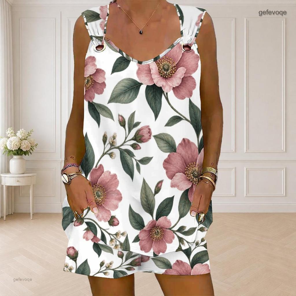 Women Plus Size Floral Printed Sleeveless Ring Strap Tank Top Pocket Shorts Two Piece Set