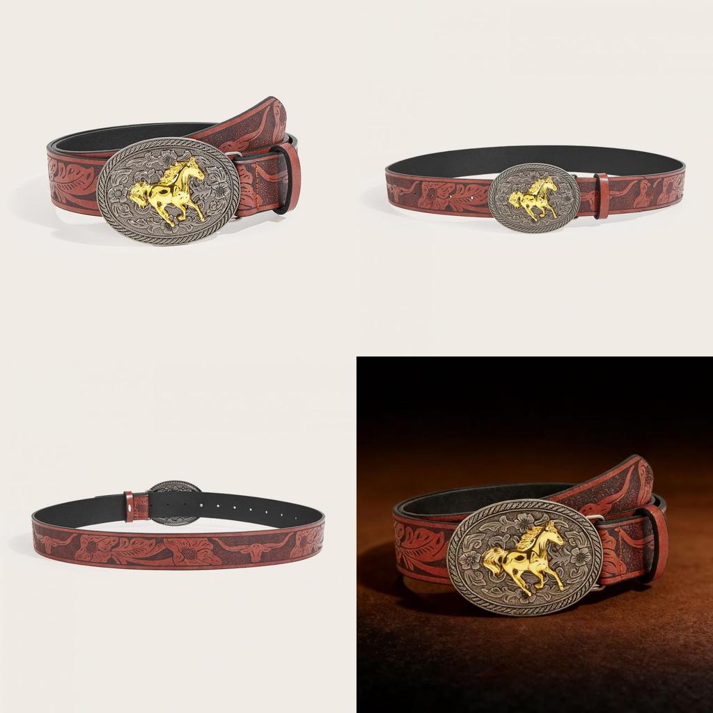 Western Cowboy Pu Leather Belt With Horse Alloy Fastener Design For Fashion Enthusiasts