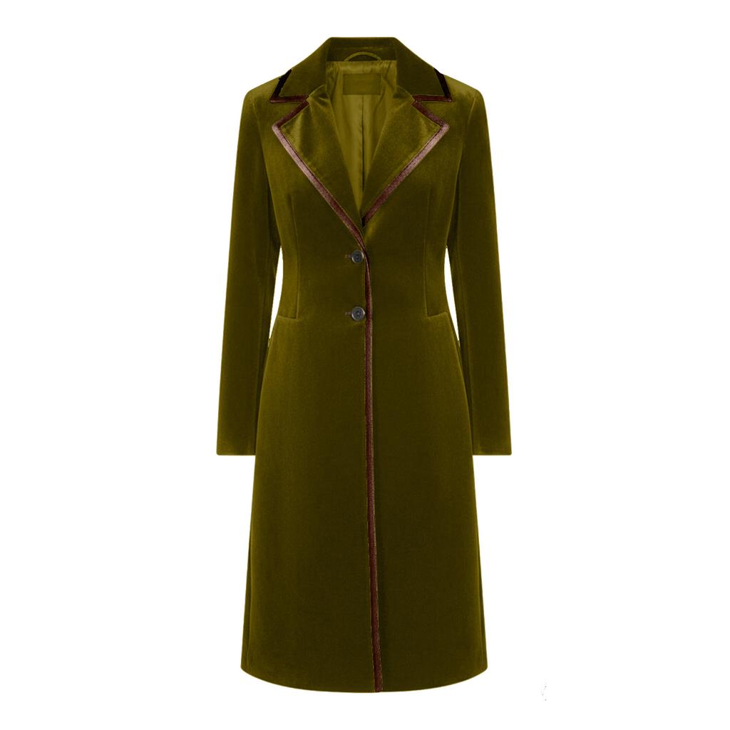 Damen Modische Einfarbige Revers-Knopf-Taschen Lange Goldener Samt Lockere Jacke