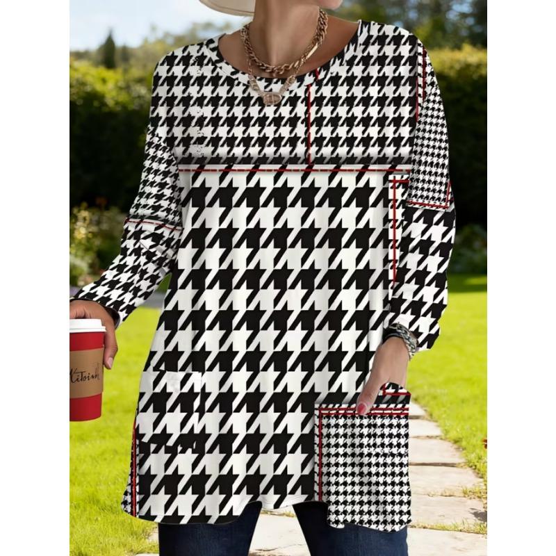 Women's long-sleeved round-neck T-shirt, suitable for spring, autumn and winter seasons. It has pockets and print designs. machine washable.