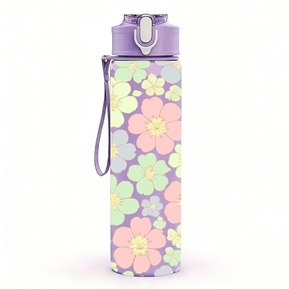1PC Soft Pastel Floral Seamless Print 750ml Color Plastic Sports Water Bottle Leakproof Flip Straw Lid Suitable for Sports Office Home Use