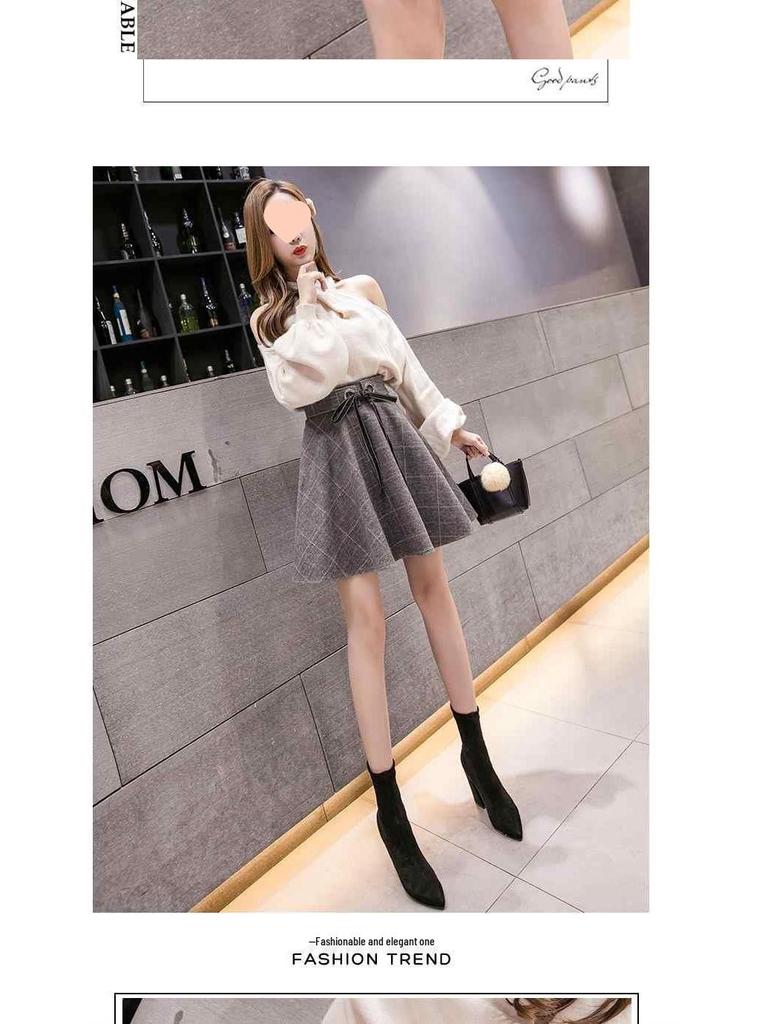 Fustă A-line cu talie înaltă din lână cu carouri pentru femei - Toamnă/Iarnă 2025 Stil coreean Fustă umbrelă