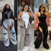 Women's Mid Rise Drawstring Flare Pants Streetwear Multi Zipper Cutout Loose Fit Micro Flared Trousers