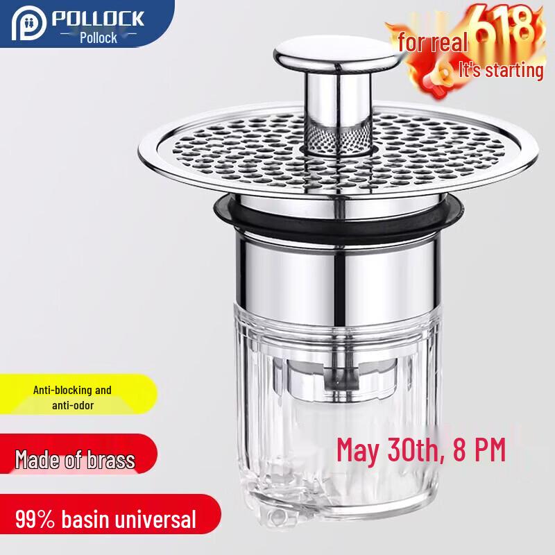 Pollock Brass Pop-Up Basin Drain Stopper with Anti-Odor Filter
