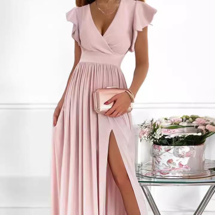 Elegant European & American V-Neck Long Split Waist Dress