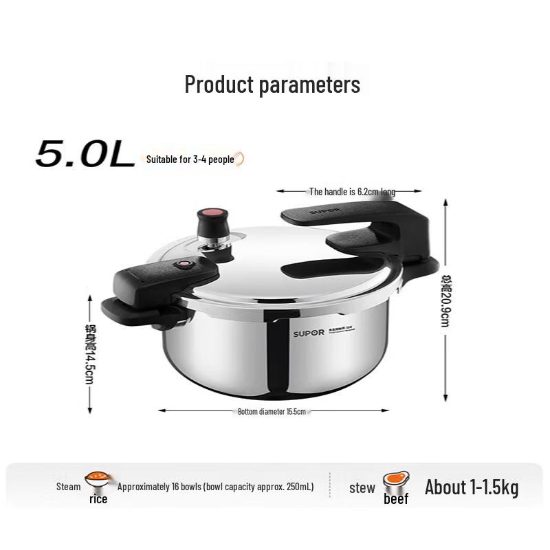Supor 304 Stainless Steel Pressure Cooker with Stand-Up Lid