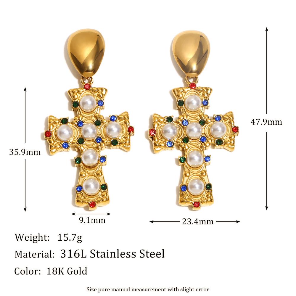 

MamacitaSlay Vintage Imitation Pearls Cross Drop women s earring Tarnish Free stainless steel jewelry women Accessories золотой