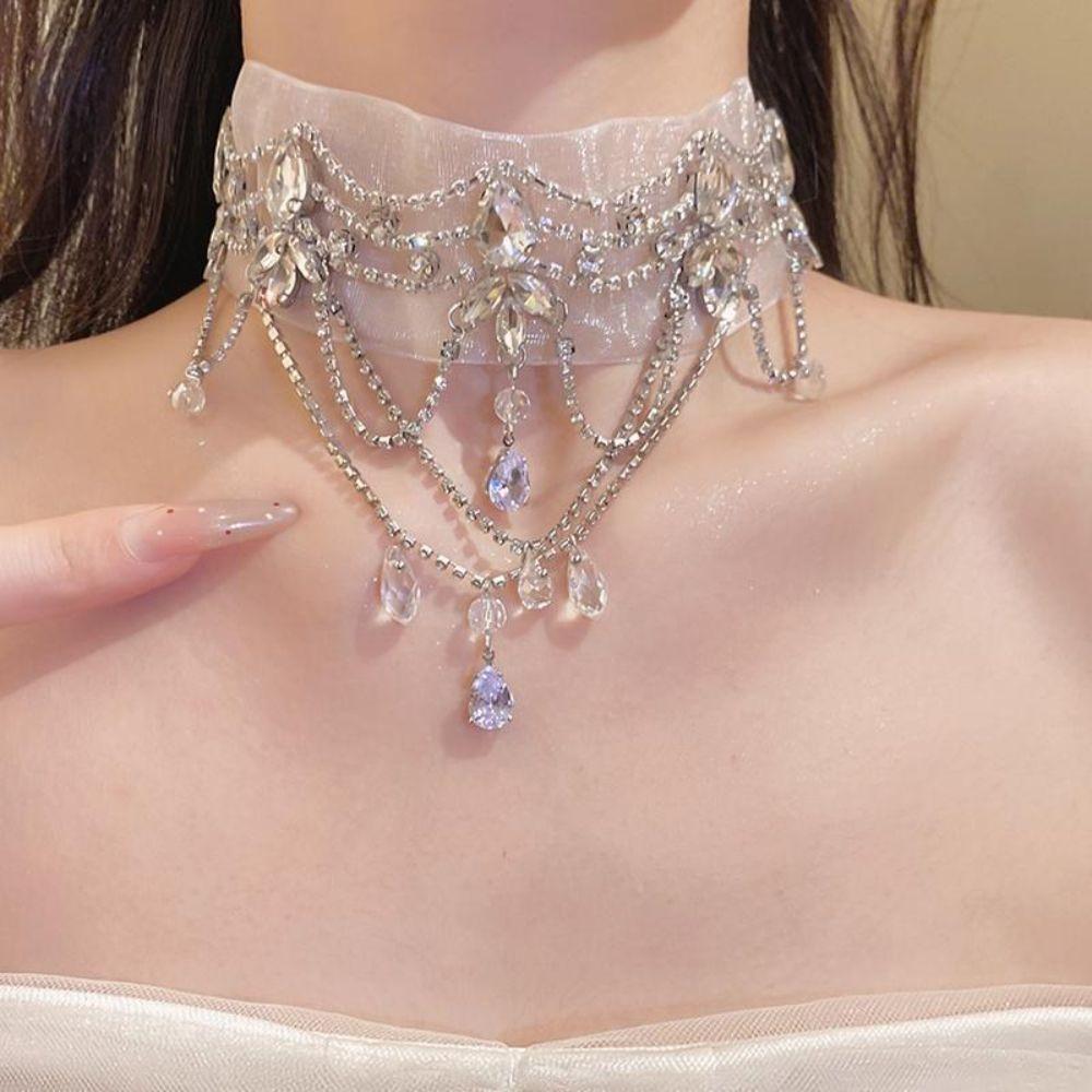 Chiffon Choker Necklace Rhinestone Teardrop Pendant Gifts Collar Necklace Party Outfit