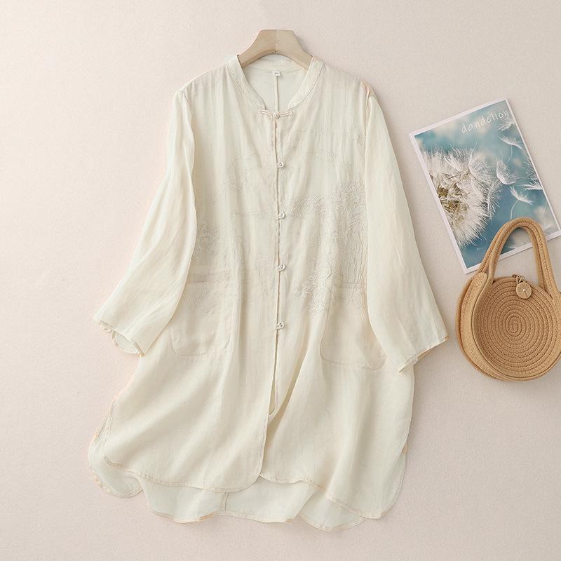 3229 Women's Cotton Linen Embroidered Oversized Sun Protection Shirt - Lightweight & Breathable, Retro Seven-Sleeve Summer Style