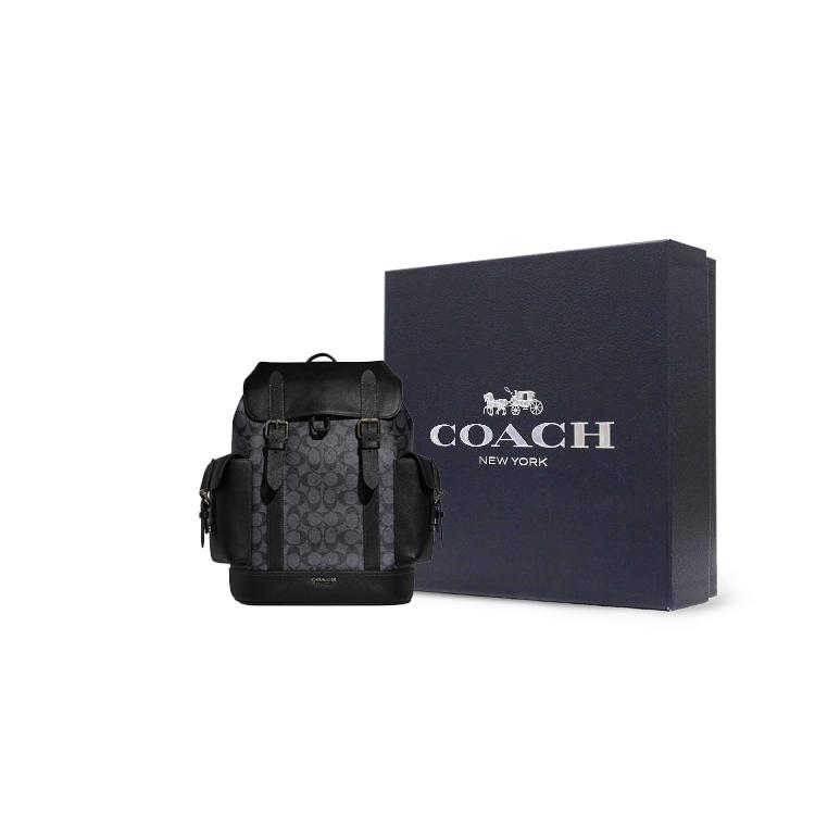 New COACH Hudson Natural Pebbled Leather With Canvas Backpack Large Size Men's Black Yellow CB839-QBMI5
