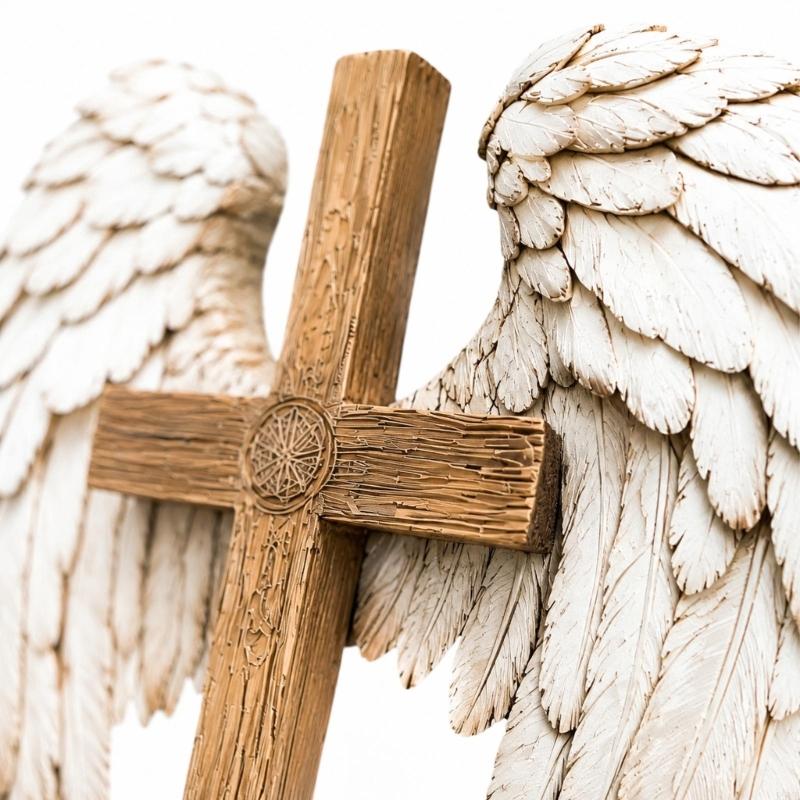 Angel Wing Wall Decoration, with Hanging Cord, Feathered and Crosses Design, 2D Flat Christian Hanging Plaque for Prayer