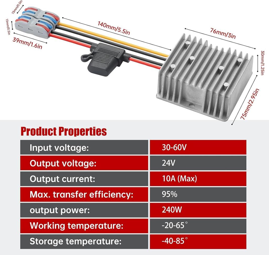 YABOANG DC-DC-Wandler 30-60V auf 24V, 24V10A gesicherter Spannungswandler 240W MAX Leistungstransformator,