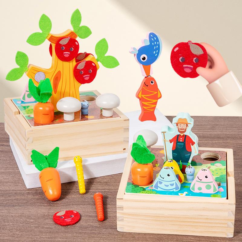 Multifunctional Wooden Pull Radish Fishing Game: Educational Toy for Children s Hand-Eye Coordination