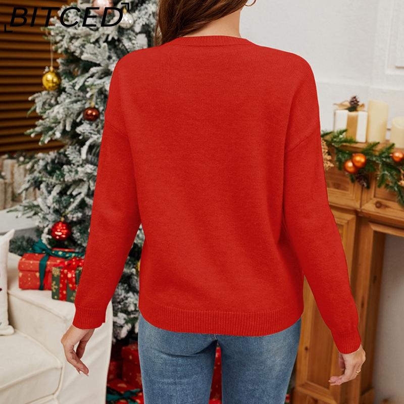 BITCED Christmas Candy Cane Bow Sequined Women's Knitwear Autumn/Winter Fashion O-Neck Long-Sleeved Knit Jumper