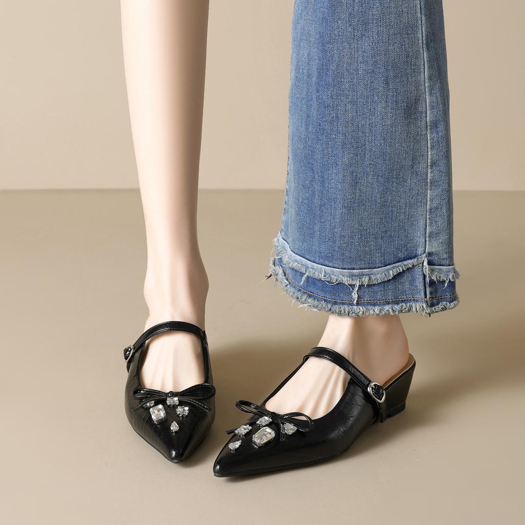 Weiwei Girl 966-2 French Pointed Sandals Woman One Word with Platform Bow Rhinestone Bag Head Half Slippers Woman