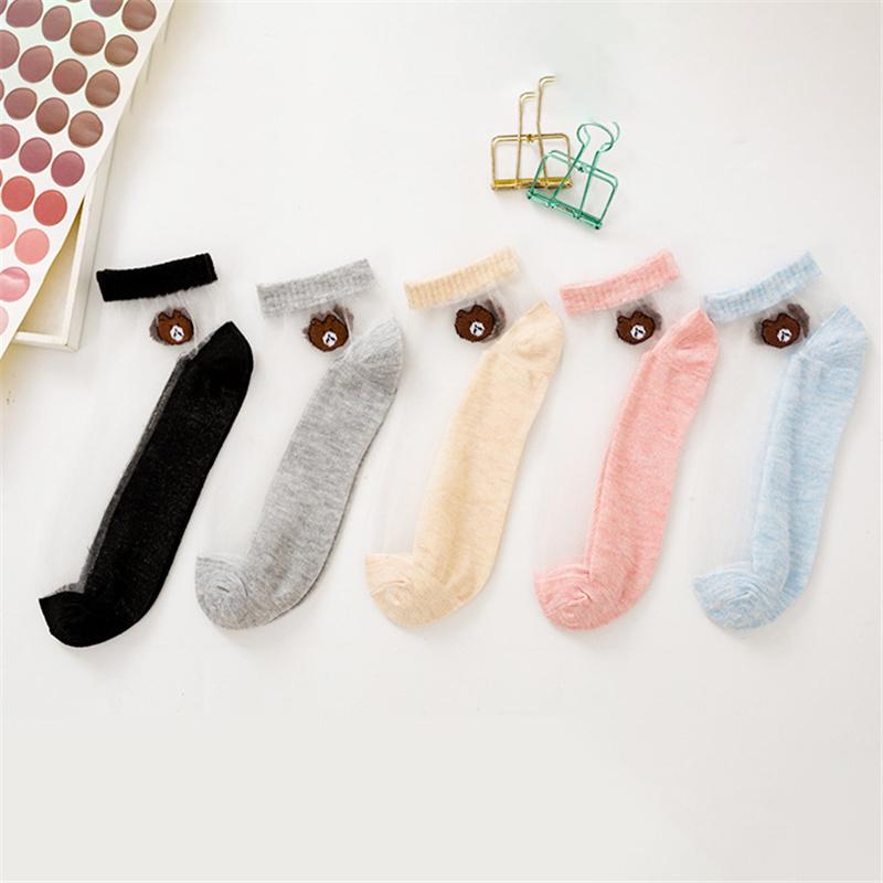 

5pais женские летние тонкие носки с рисунком медведя из мультфильма женские прозрачные носки из шелка кружевные дышащие нескользящие носки из стеклянного шелка 5paris/set