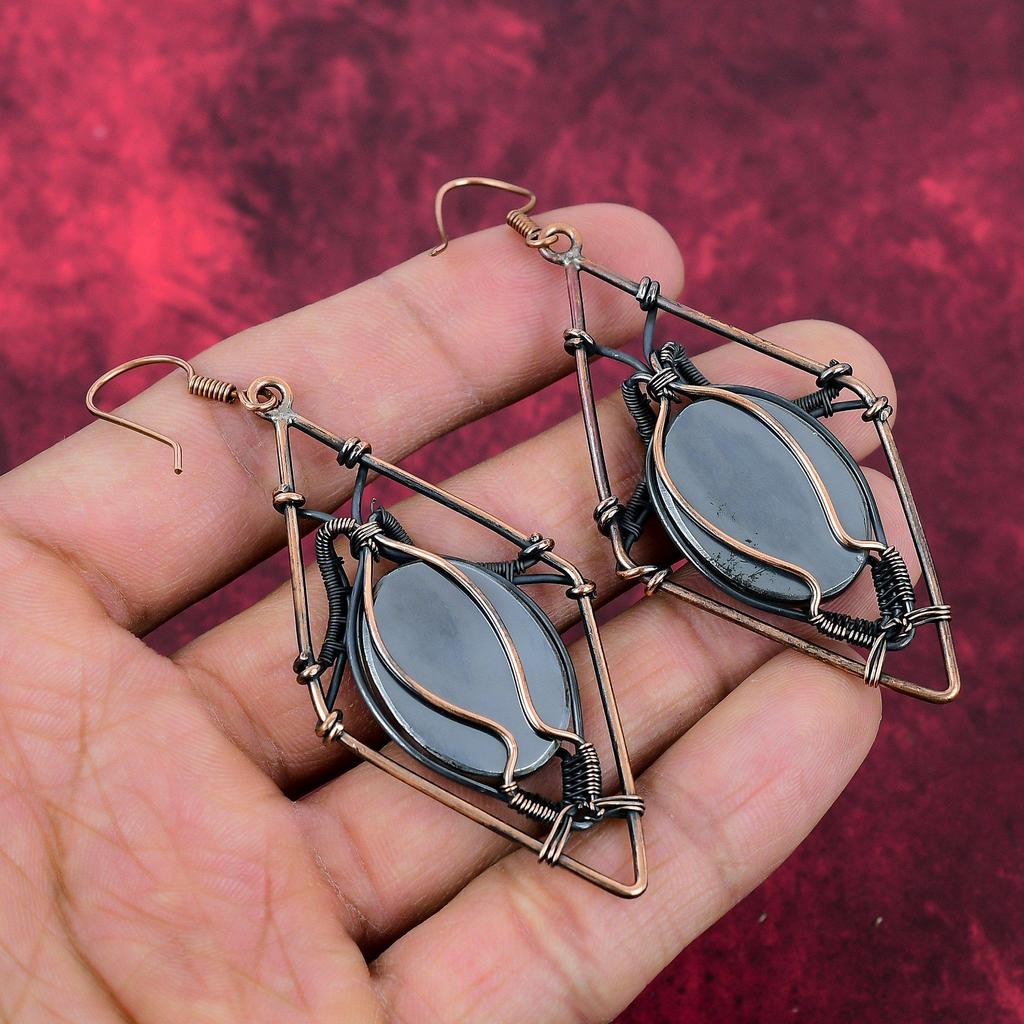 Brinco de Shungite Brinco Enrolado com Fio de Cobre Brinco de Pedra Natural Joias de Shungite Brincos Feitos à Mão Joias de Fio de Cobre Presente de Noivado