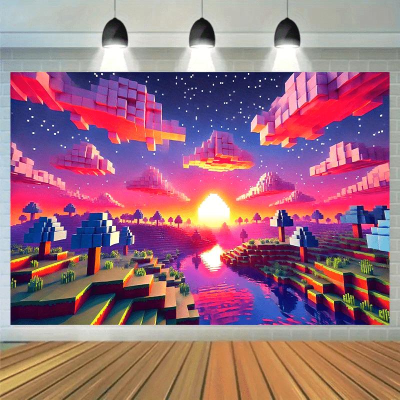 2D Flat Pixel art sunset riverside game tapestry vintage game style room decoration digital nostalgia blocky terrain 74x94cm(29x37in)