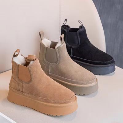 Moda 2024 Invierno Nuevos Botines Chelsea de Nieve de Cuero con Suela Gruesa Moda para Mujer Todo en Uno Forro Polar Grueso Cálidos Zapatos de Algodón para Nieve