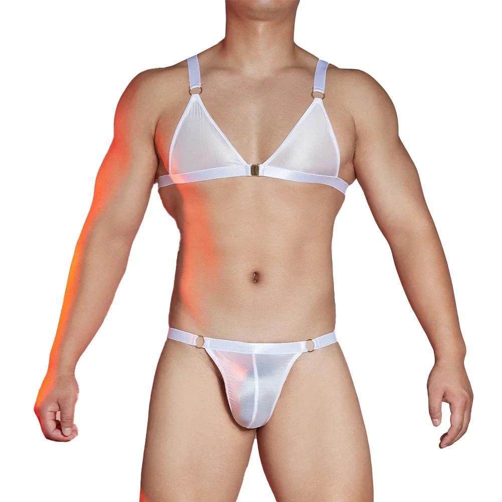 2pcs Men's Sissy Oil Glossy Bra Panties Set Underwear Briefs Thongs T-back Man G-strings Backless Tank Tops