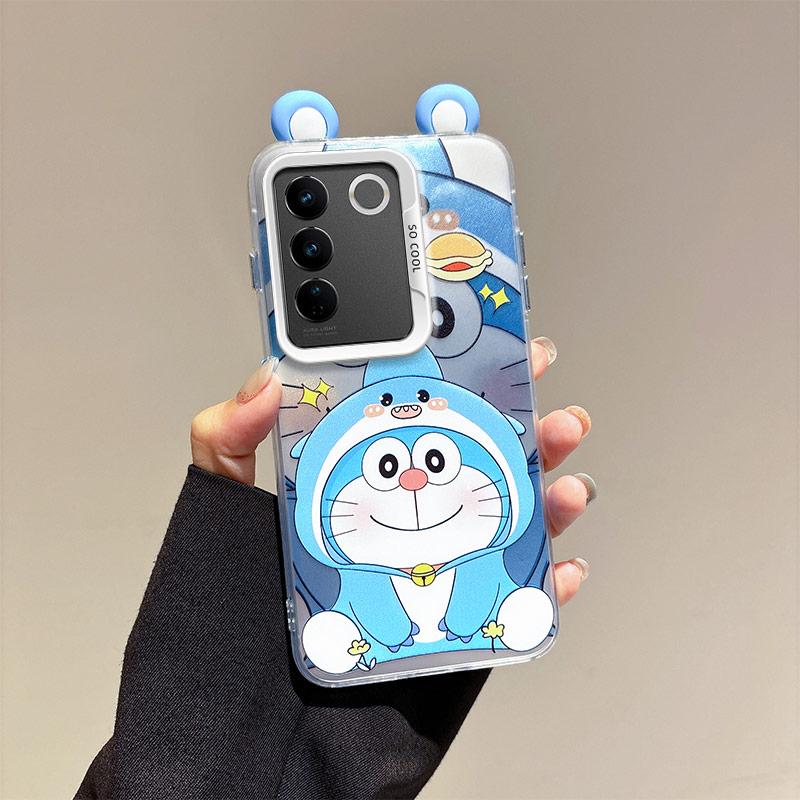 KEYSION Cute Ear Cartoon Case for VIVO V27 5G with Lanyard Soft Silicone+PC Shockproof Phone Back Cover for VIVO V27 5G