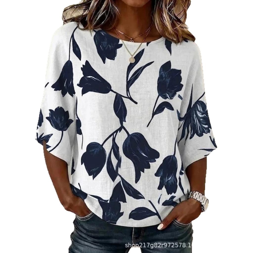 Xiyin's New Summer T-shirt Women's D-printed Retro Round Neck Loose Seven-quarter Sleeve T-shirt Top