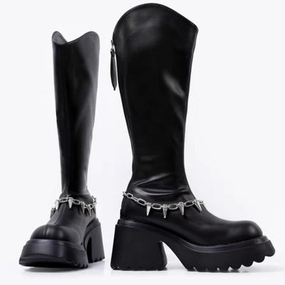 Kette High Heels Damen Kniehohe Stiefel Fad Plateau Lederschuhe Marke Designer Klobige Schuhe Winter 2025 Trend Goth Botas Mujer