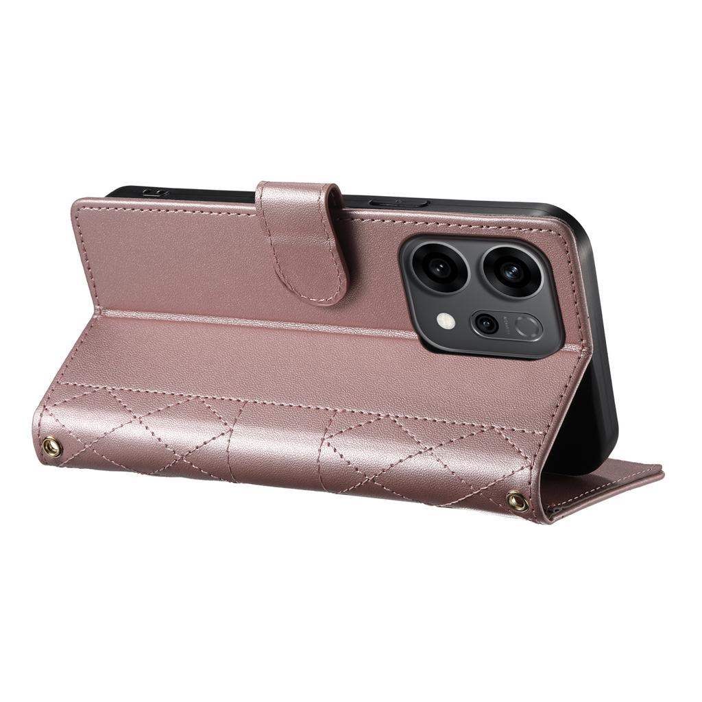 For Oppo Reno14 F 5G Case Rhombus Stitching Wallet Stand Leather Phone Cover with Long/Short Strap