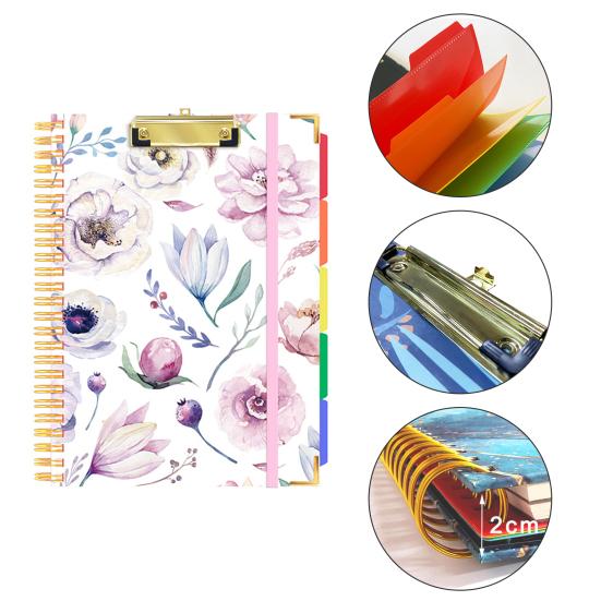 Clipboard Folio with Refillable Notepad Letter Size 5 Dividers Side Pockets Twin-wire Binding Elastic Band Colorful Label Index Spiral