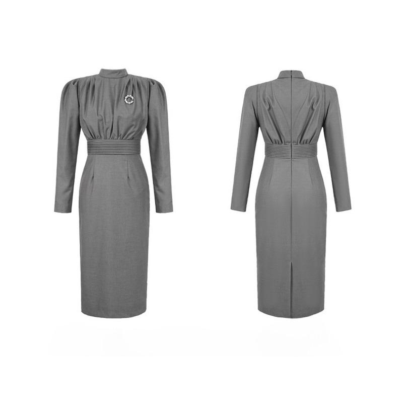 Women's Professional Dress Vintage Crew-neck Pleated Fanny Pack Hip Commuter Dress