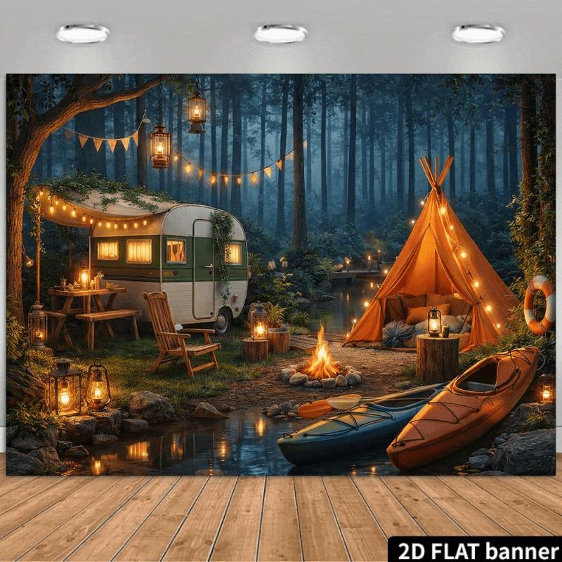 2D planar forest camping theme banner background - Night forest camping theme camper tent campfire kayak stream 100x150cm