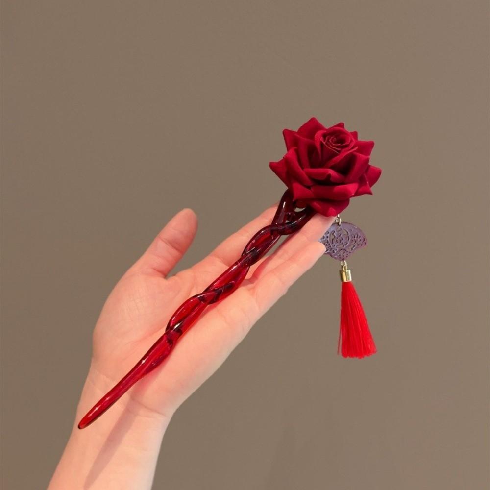 Retro Red Rose Ancient Chinese Hairpin Tassel With Fan Hair Forks Red Hair Stick Hair Accessories