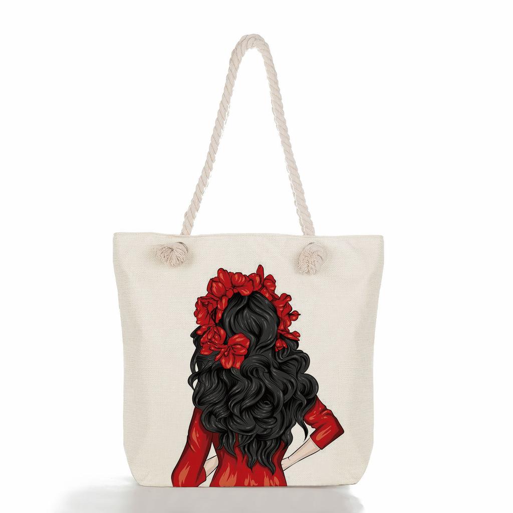 Multifunctional Coffee-colored Girl Printed Thick Rope Shoulder Beach Bag Casual Large Capacity Handbag 0107