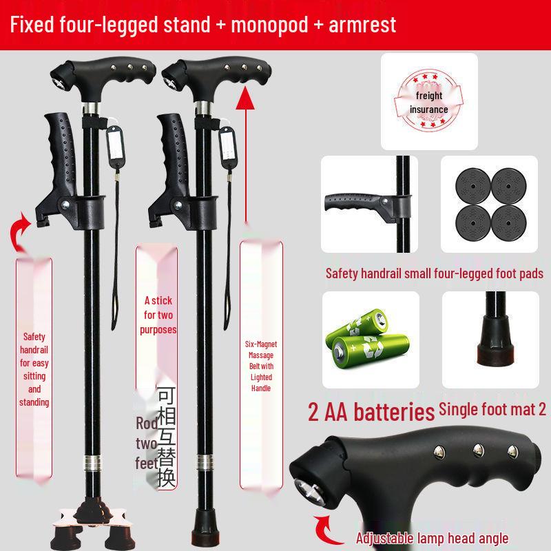 Four-Legged Aluminum Walking Cane with Light, Non-slip, Telescopic, Lightweight, Multi-functional Support for the Elderly