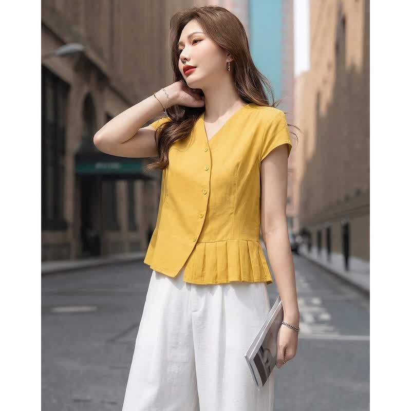 TERRE BLEUE Women's Summer V-Neck Shirt & Wide-Leg Pants Set