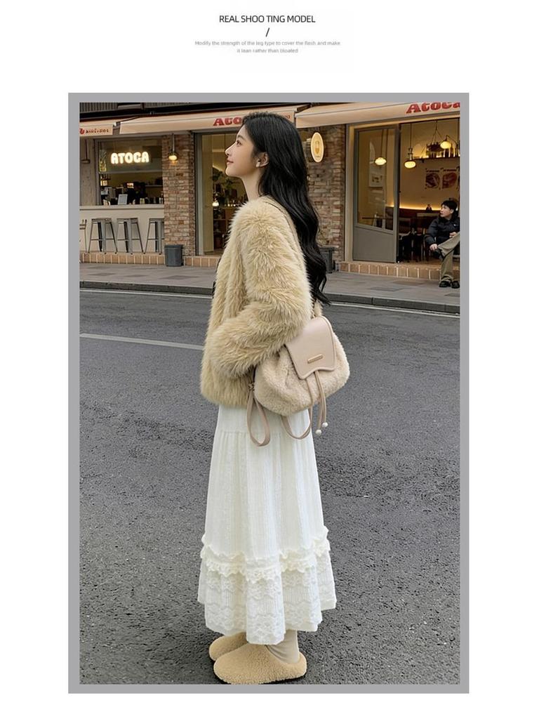 Women's White Lace High-Waist A-Line Long Skirt - Fluffy, Plush, Perfect for Spring & Autumn