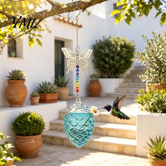 Glass Nectar Feeder for Garden Pine Cone Shape Hummingbird with Butterfly/Dragonfly Decor, Outdoor Hanging Small Mouth Bird Water Beads Chain