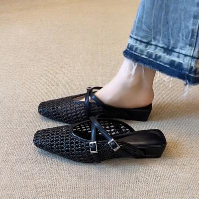 Sheepskin French Simple Cross Strap Versatile Flat-bottomed Toe Shoes Summer Hand-woven Hollow Cool Slippers Women's Outer Wear