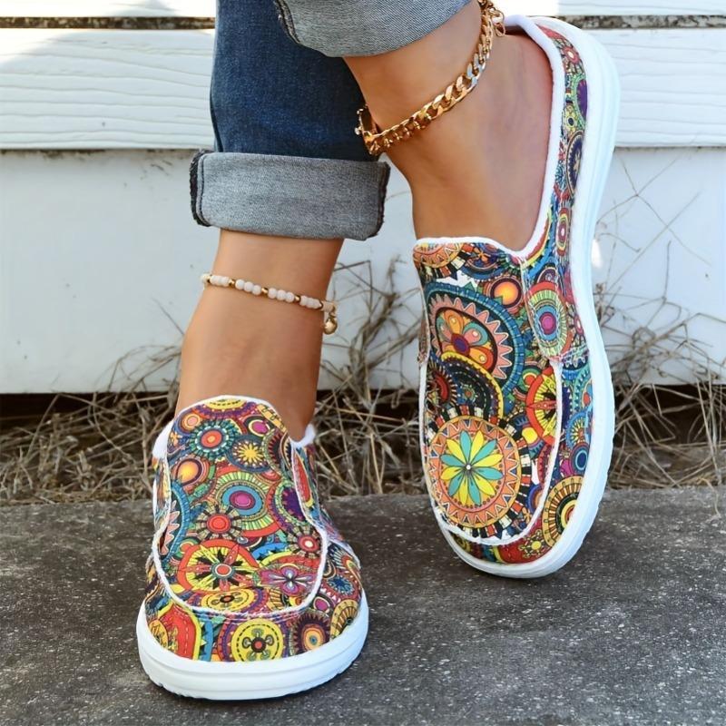 Women's Colorful Mandala Slip-On Loafers - Lightweight, Comfortable Fabric Upper, Vibrant Round Toe Shoes for All-Day Wear