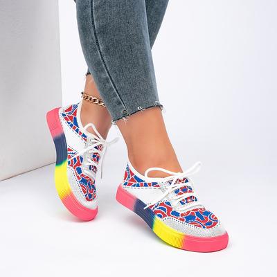 Flower Fly-Woven Sneakers Women'S Fashion Flat-Bottomed Large-Size Breathable Lace-Up Platform Shoes