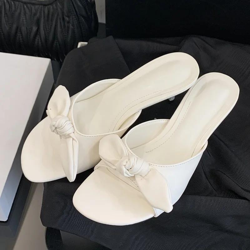 Fashion Luxury Satin Butterfly-knot Women Slippers Sexy Peep Toe Thin Heels Sandals Summer Comfort Slide Sandals Elegant Designer Shoes
