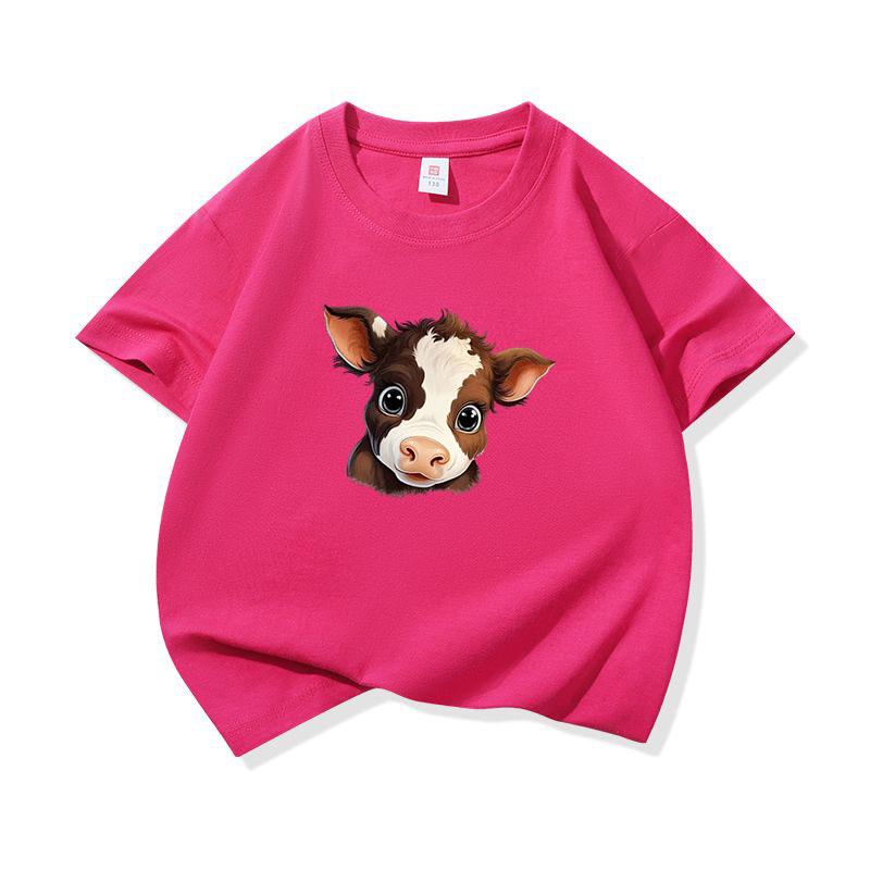 Kids Pure Cotton T Shirt Adorable Brown Baby Cow Print Crew Neck Short Sleeve Tee Casual Boys Girls Summer Tops