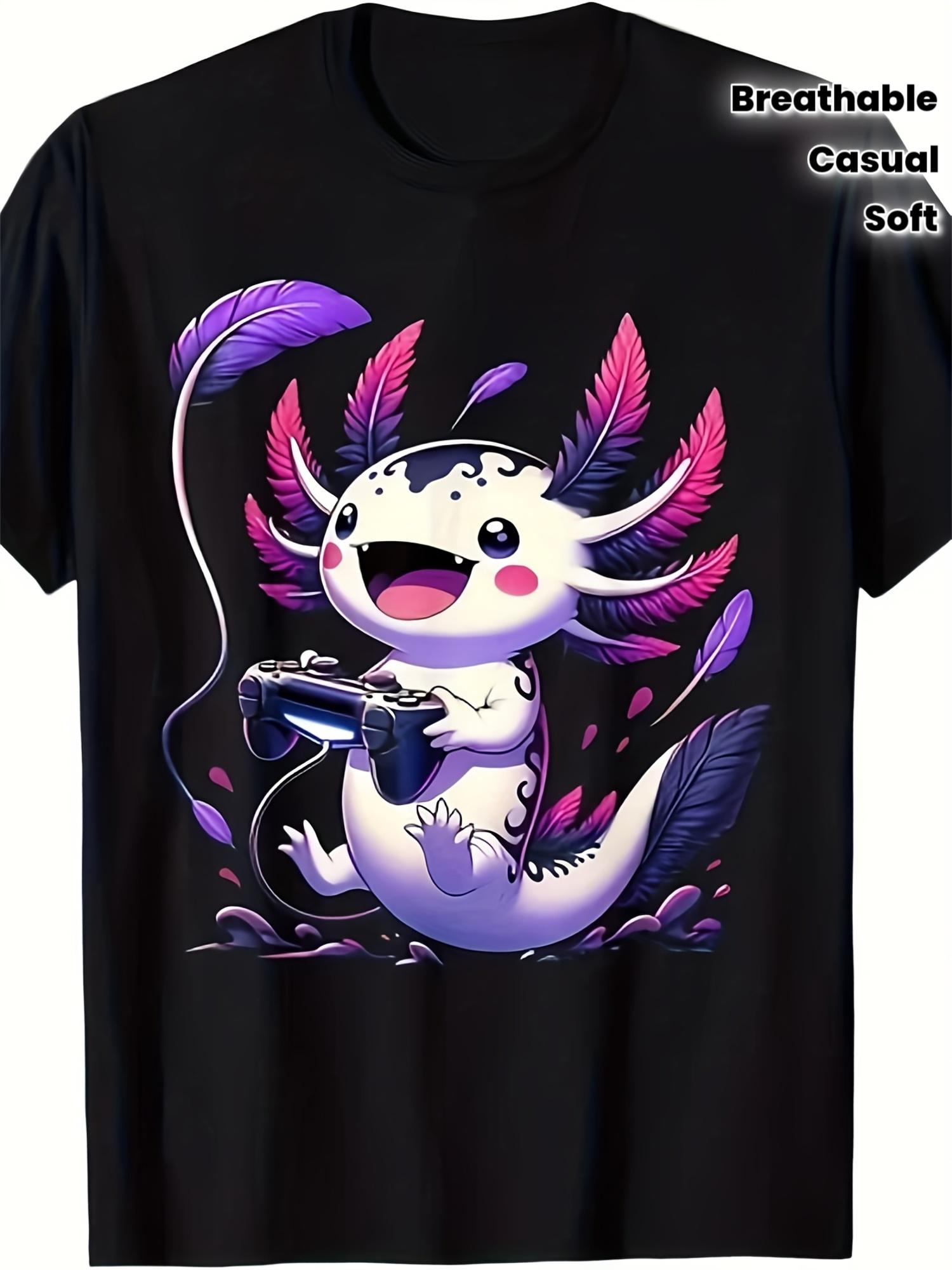

Men S Cute Axolotl Graphic T-Shirt - Retro Gaming Tee with Purple & Pink Axolotl Design, Soft Breathable Shirt for Casual & Sportswear S разноцветный
