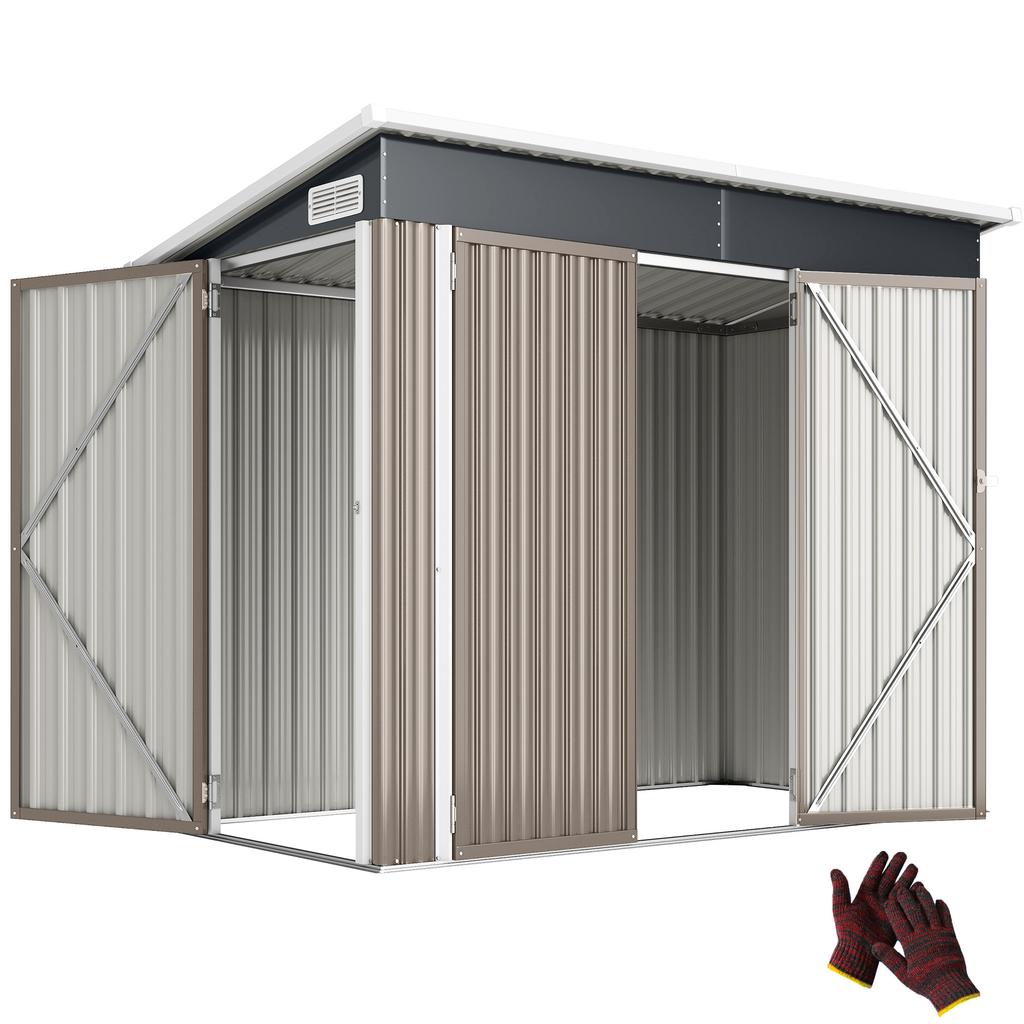 Metal Garden Shed, Triple Lockable Doors, Sloping Roof, 234 x 132 x 185 cm, Grey