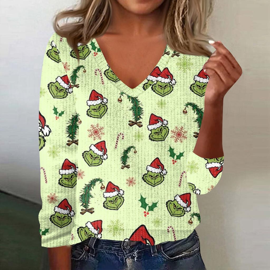 Women's Cute Sweatshirt Knitted Fashion Casual V-neck Long-sleeved  Cozy Print Top