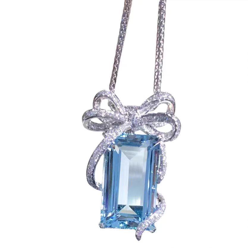 European & American Style Sapphire Bow Pendant Necklace - Versatile Clavicle Chain, Fresh Sweet Cool Korean Style for Women