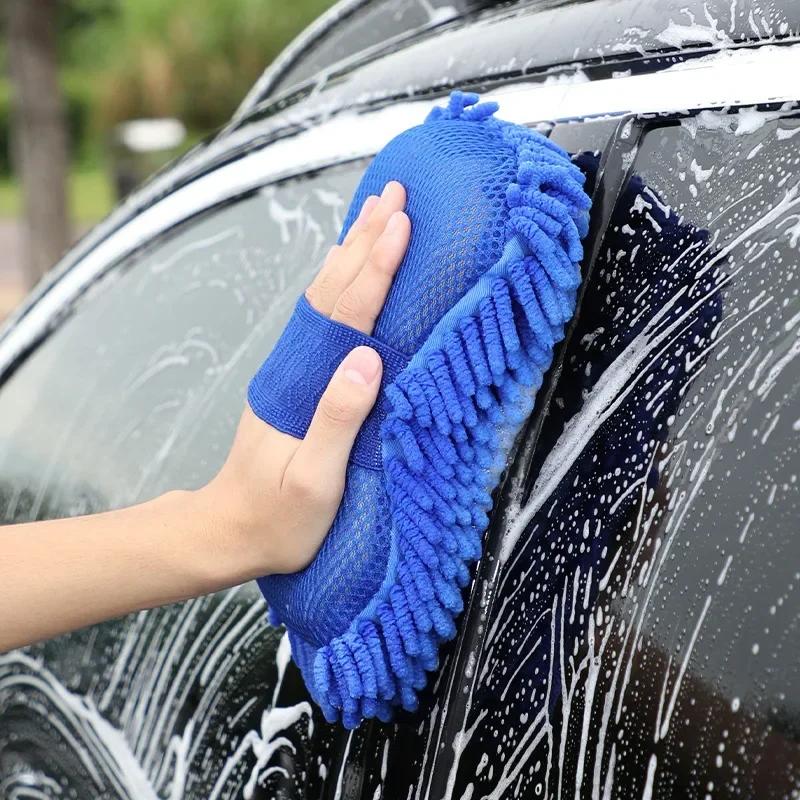 1 Pc Blue Microfiber Chenille Car Wash Sponge Care Washing Brush Pad Cleaning Tool Auto Washing Towel Gloves Styling Accessories